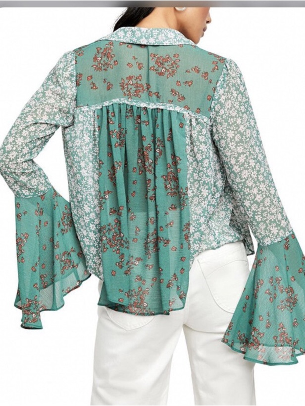 Free People Serena Emerald Green Sheer Floral Blouse Size Medium - Picture 7 of 11